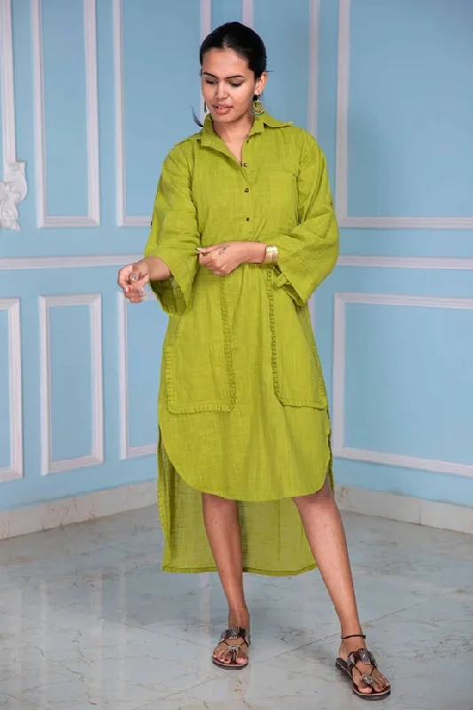 Vintage-Inspired Style Offers Gleeful Green High Low  Shirt Dress Feminine Elegance