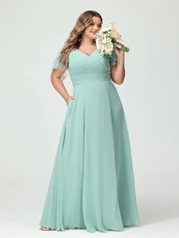 Hot Styles A-Line/Princess V-Neck Short Sleeves Chiffon Split Side Plus Size Bridesmaid Dresses with Pockets Coastal Beach - Inspired Style