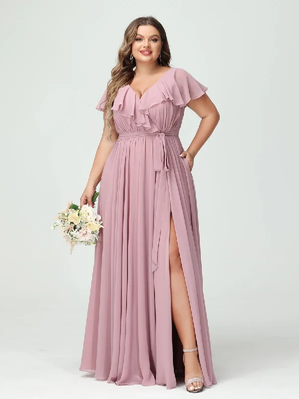 Latest Fashion A-Line/Princess V-Neck Short Sleeves Chiffon Ruffles Plus Size Bridesmaid Dresses With Pockets Great Deals on Ethnic Cultural Wear