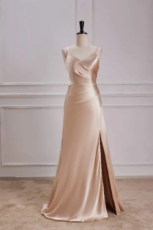 Browse Our Top Products Champagne V Neck A-line Satin Silp Long Bridesmaid Dress with Slit Luxury Comfort