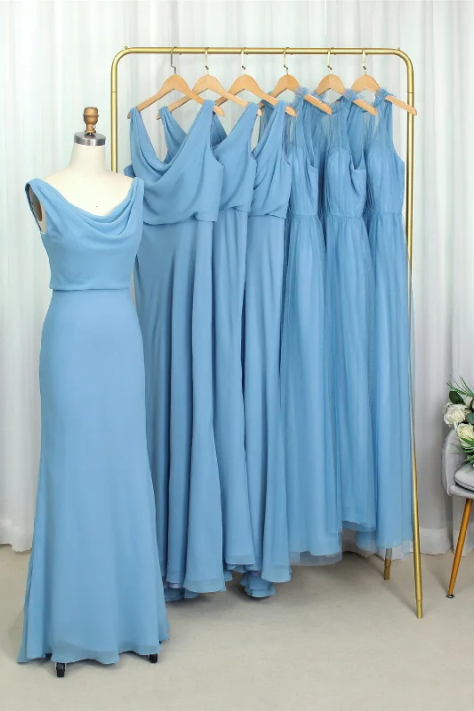 Elegant Fashion Offers Cowl Neck Blue Chiffon Sheath Long Bridesmaid Dress Limited - Edition Drops