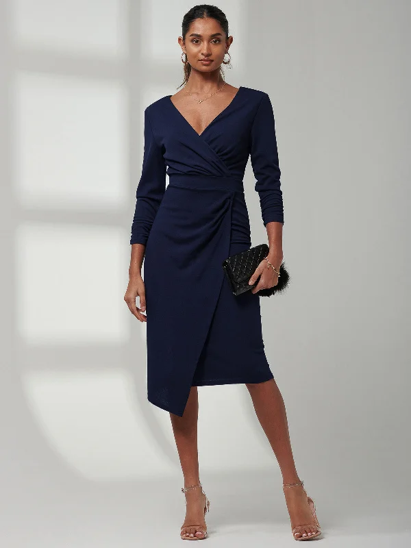 Seasonal Fashion Violetta 3/4 Sleeve Bodycon Dress, Navy Feminine Soft - Hued Look