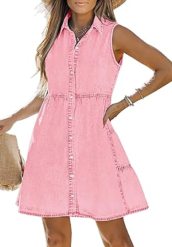 Exclusive Discounts Baby Pink Denim Dress for Women Sleeveless Babydoll Button Down Short Jean Dresses Cute Summer Art Deco Geometric Pattern Look