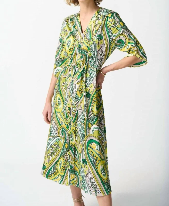 Huge Markdowns Satin Paisley Print Shirt Dress In Green/vanilla/multi Lightweight Fabric