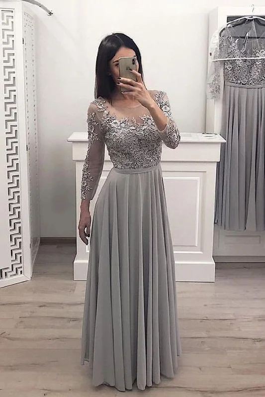 Final Sale Lace Appliques Grey Long Sleeves Chiffon Fashion Prom Dress Formal Evening Grad Dresses cg2184 Bohemian Vibe