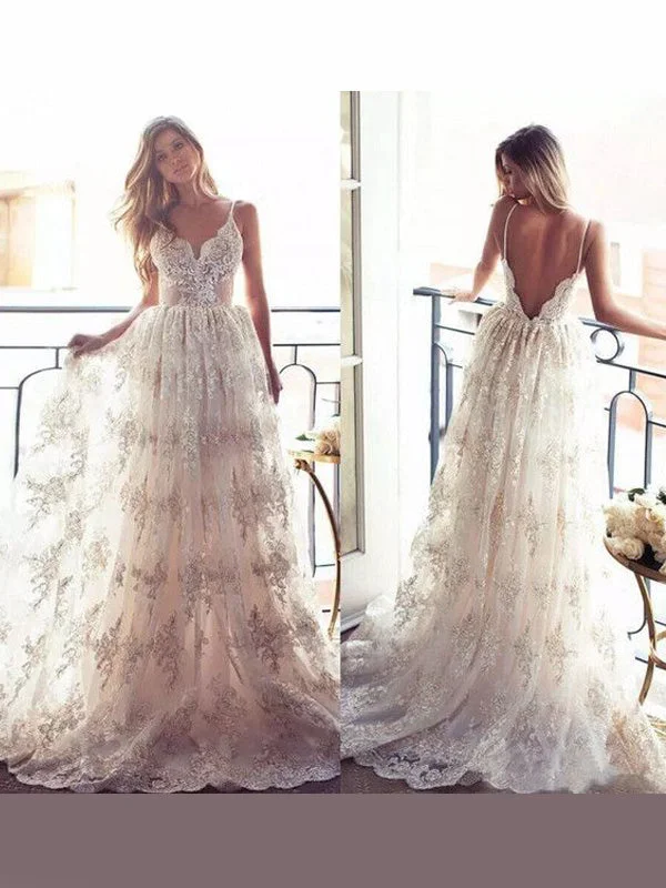 Luxe Style Discounts Sexy Long A-line Spaghetti Strap Backless Lace Wedding Dress, WD0046 Today Only