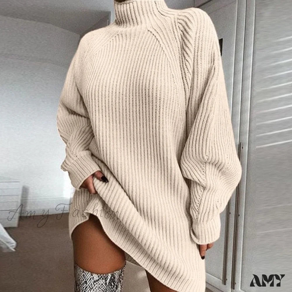 Retro Style Promotions Amy Fashion - Oversized Solid Long Sleeve Elegant Mini Sweater Dress Soft Textures