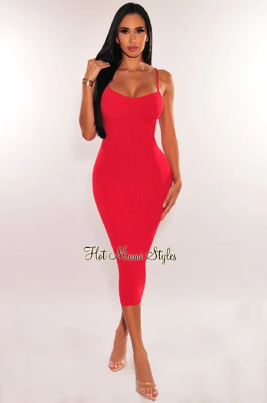 Special Offers Red Ribbed Spaghetti Strap Bodycon Midi Dress Effortless Comfort