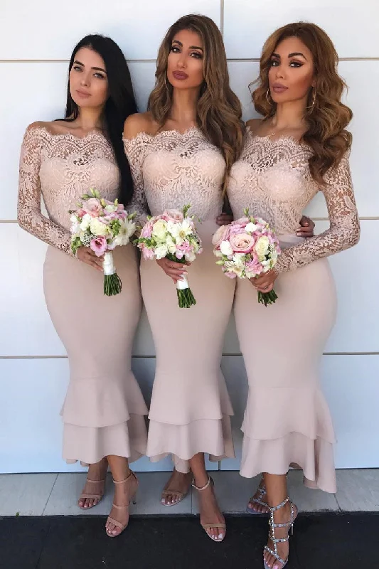 Flash Sales Sexy Long Sleeves Champagne Mermaid Long Bridesmaid Dress Feminine Elegant