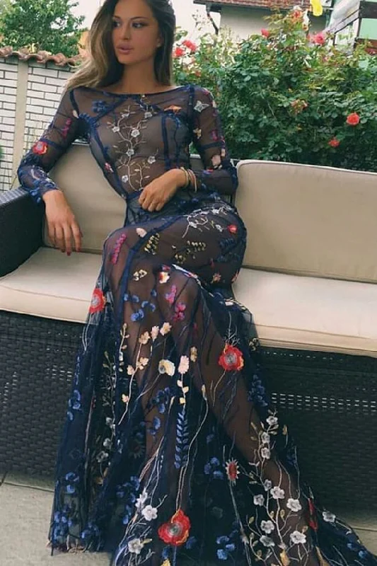 Street Chic Discounts Sheath Bateau Long Sleeves Navy Prom Dress with Embroidery cg5239 Graceful Movement