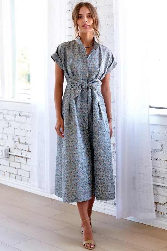 Relaxed Style Deals Long Rocky Shirt Dress Teal Printed Taffeta Elegant Contour