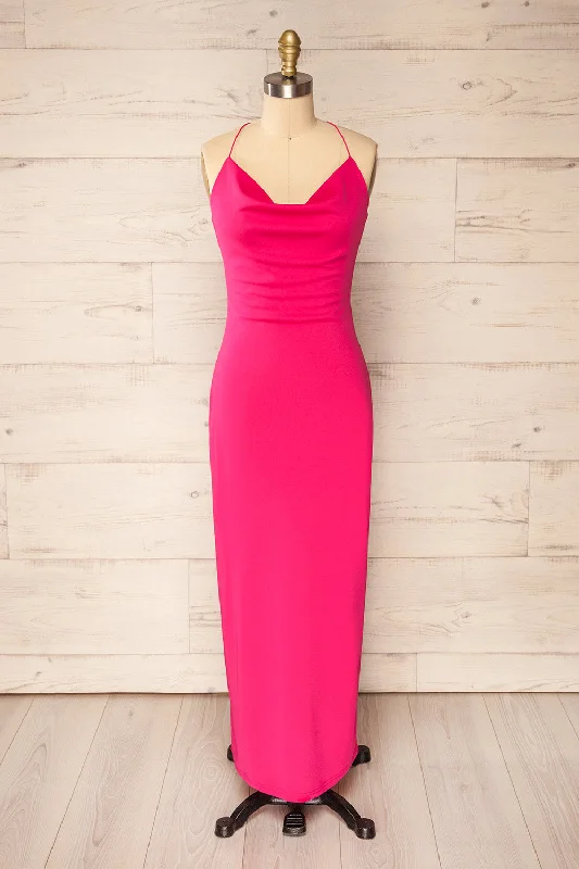 Additional Time-Limited Offers Ocala Fuchsia | Fitted Open-Back Maxi Dress Classic Appeal