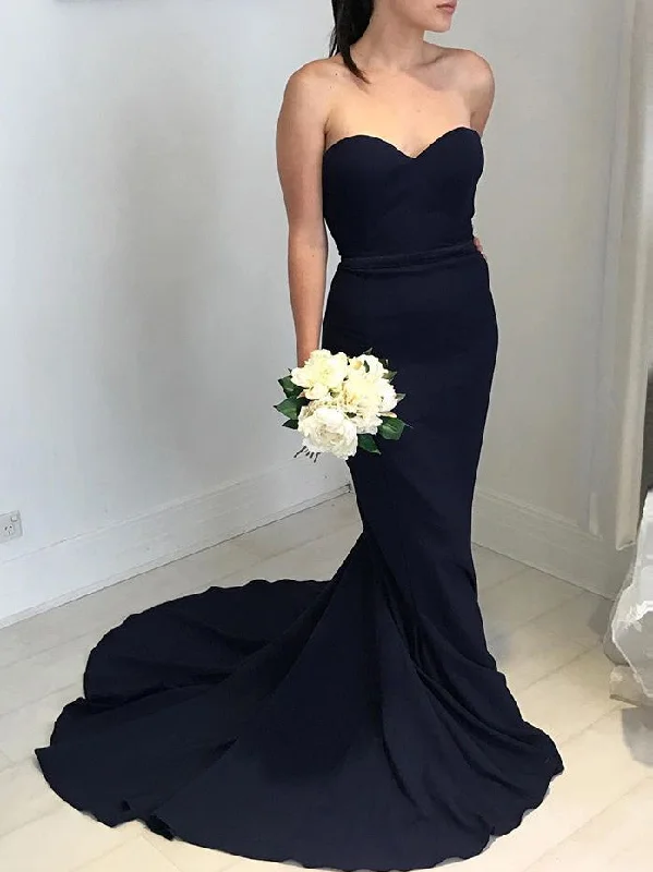 Low Price Special Sweetheart Mermaid Navy Blue Long Bridesmaid Dress Feminine Soft - Hued Look