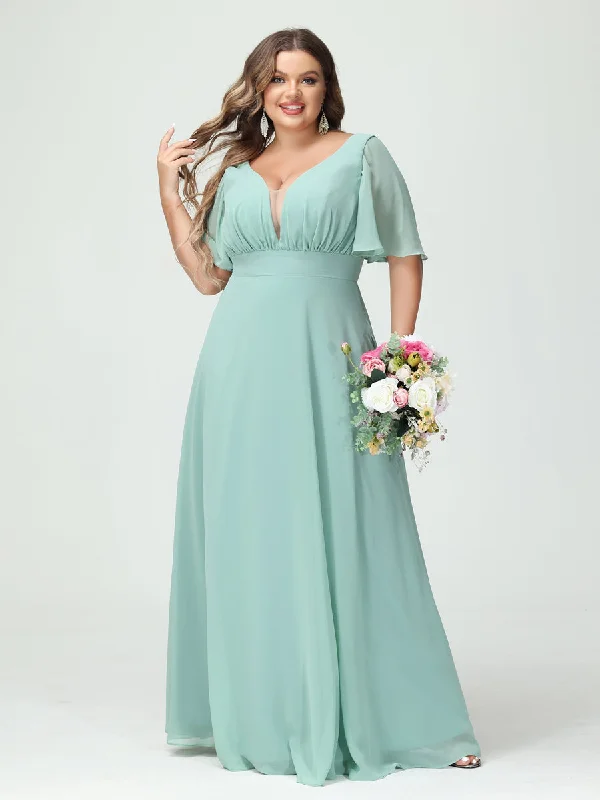 Spring Fashion A-Line/Princess V-Neck Half Sleeves Chiffon Plus Size Bridesmaid Dresses with Pockets Flash Sale