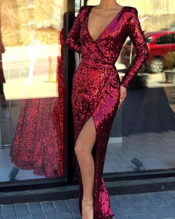 Don't Miss Out Burgundy Long Sleeves Sequin V-Neck Mermaid with Split Evening Dress/Prom Dresses cg1266 Statement Piece