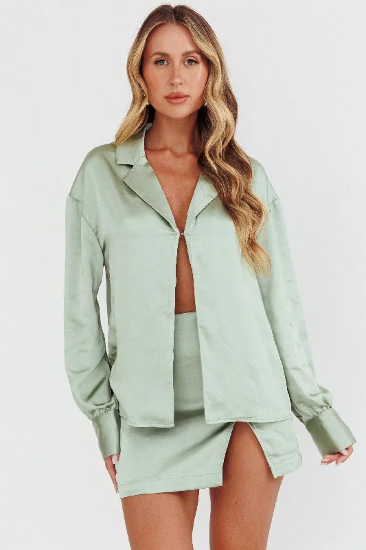 Chic Trends Unveiled Coco Long Sleeve Satin Shirt Sage Classic Appeal