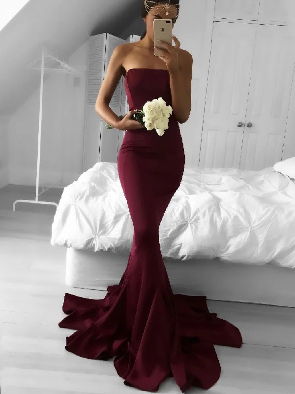 Unbeatable Prices Gorgeous Strapless Burgundy Mermaid Long Bridesmaid Dress Flowing Silhouette