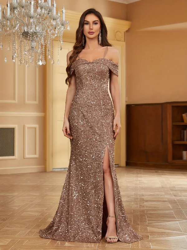 Get The Latest Trends Long Sequined Off the Shoulder Bodycon Dress - Elegant Solid Color Floor Length Party Dress with Micro Elasticity - Perfect for Wedding, Occasion, Engagement, Ceremony, and Evening Events Urban Sophistication