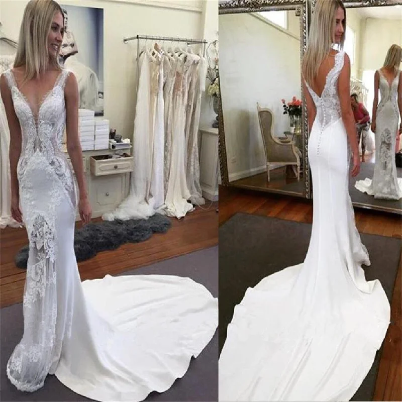 Chic Style Discounts Sexy V Neck White Ivory Mermaid Lace New Design Wedding Dresses , Wedding Gown, PD0275 Graceful Cut