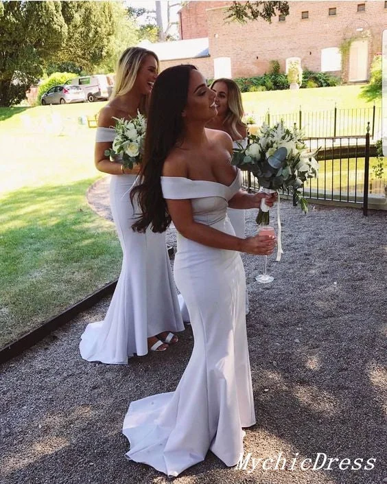 The Good Stuff Cheap White Wedding Guest Dresses Off the Shoulder Mermaid Bridesmaid Dress Contemporary Chic