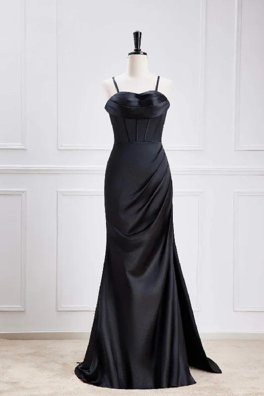 Seasonal Clearance Black Lace-Up Mermaid Satin Long Bridesmaid Dress with Slit Chic Allure