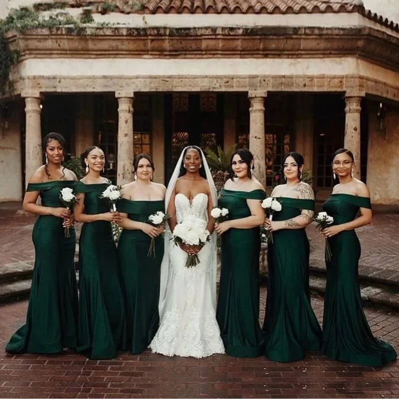 Discount Extravaganza Roycebridal Cheap Dark Green Bridesmaid Dresses Off Shoulder Long Wedding Party Dress Subtle Sophistication