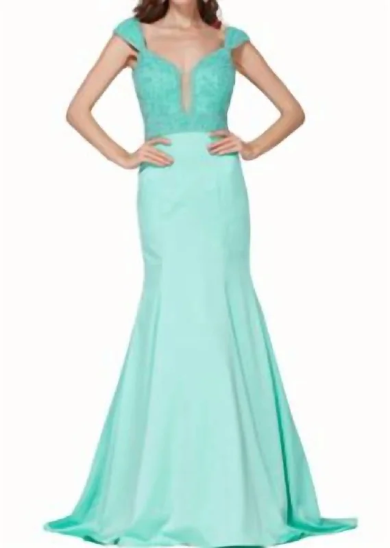 Embrace New Fashion Satin Beaded Gown In Aqua Limited - Stock