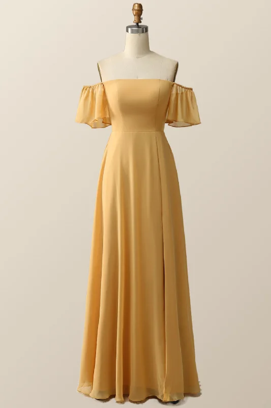 Retro Style Promotions Off the Shoulder Yellow Chiffon Long Bridesmaid Dress Graceful Cut