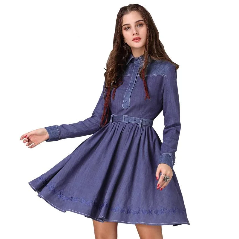 You'Ll Love Us Because Denim Long Sleeve Belted Women Dress Elevated Style