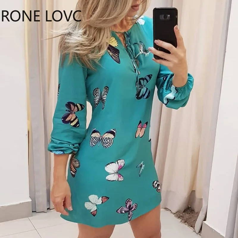 Sophisticated Style Offers Butterfly Print Tie Front Long Sleeve Dress Vintage Charm