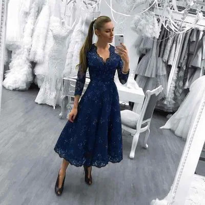 Street Style Discounts V Neck Long Sleeves Royal Blue Lace Appliques Beaded prom dress   cg6948 Refined Look