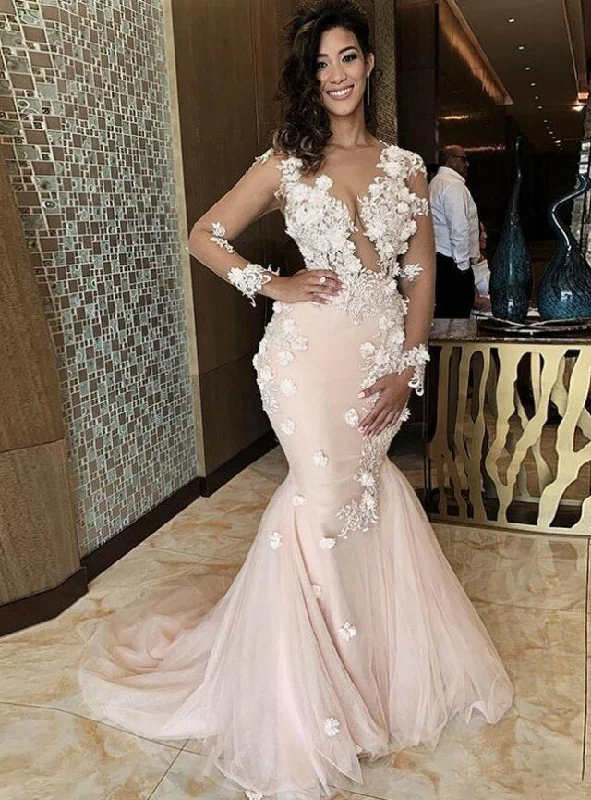 Casual Yet Chic Sales Pink Mermaid Tulle Illusion Long Sleeve Appliques Prom Dress   cg13143 Seasonal Trend