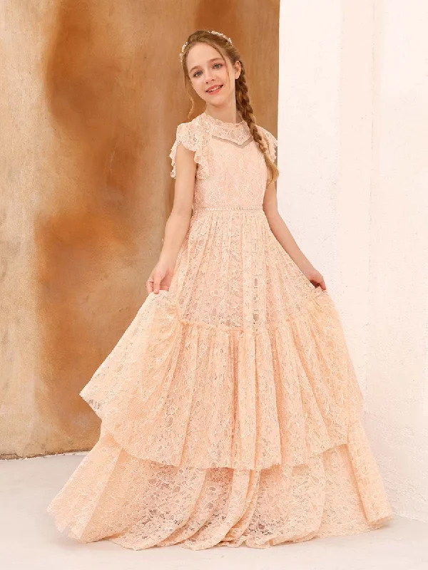 Save Big A-Line/Princess Lace Short Sleeves Scoop Neck Floor-Length Junior Bridesmaid Dresses Boho Chic