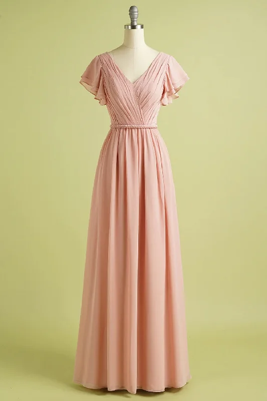 Gift Ideas V Neck Blush Bridesmaid Dress with Flutter Sleeve Exquisite Craftsmanship