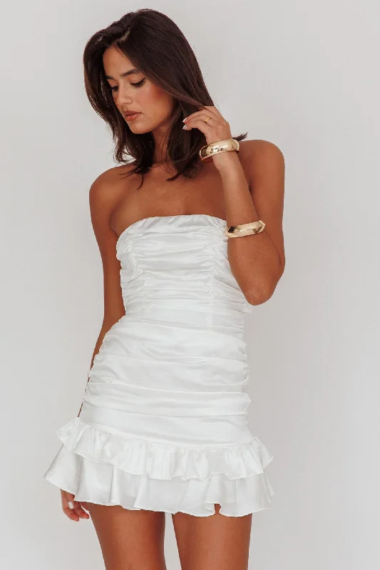 Chic Style, Always In Vogue Annabella Strapless Tied Back Satin Mini Dress White Bold Silhouette