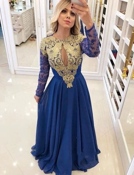 Trendy Street Style Royal Blue Long Sleeves Prom Dress Gold Appliques Chiffon Dresses  cg8088 Formal Outfit