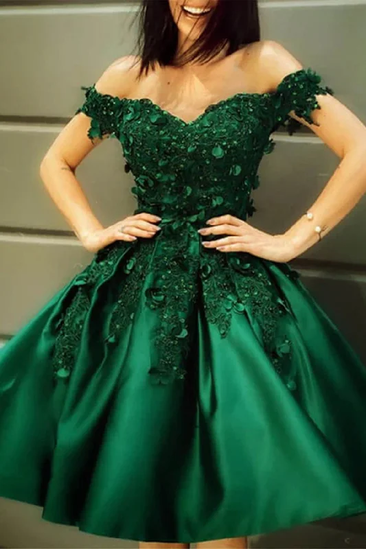 Statement Fashion Offers Dark Green Off The Shoulder Appliques Satin Short Homecoming Dresses Elegant Details