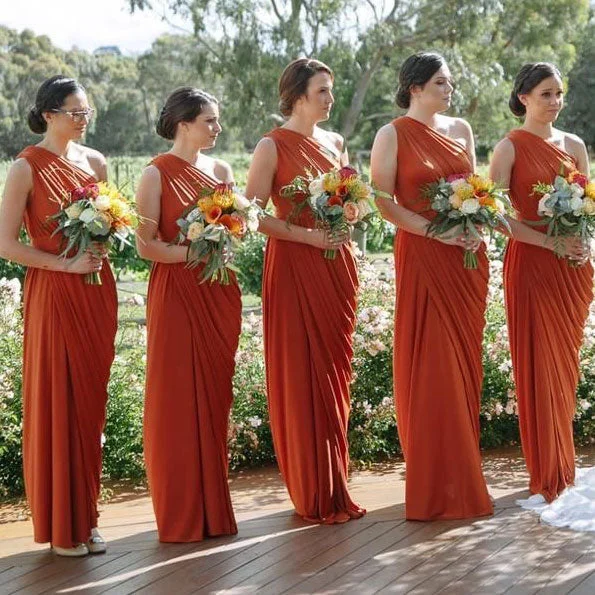 Stylish Statements Roycebridal Sheath One Shoulder Rust Orange Bridesmaid Dresses Ruffles Luxe Layering