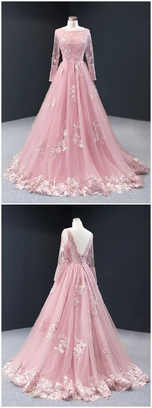 Massive Selection Sale Pink Tulle Long Sleeve A Line Customize Lace Formal Prom Dress, Evening Dress   cg11398 Minimalist Chic