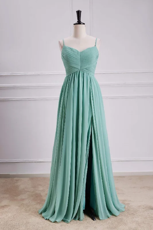 Crazy Price Slashing Mint Green Spaghetti Straps A-line Long Bridesmaid Dress with Slit Subtle Sophistication