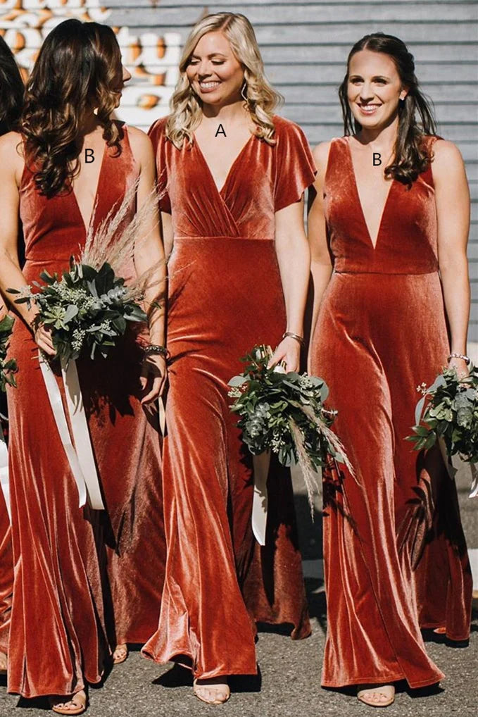 Additional Time-Limited Offers Mismatched Copper Bridesmaid Dress Velvet V Neck Mermaid Wedding Guest Dress Today Only