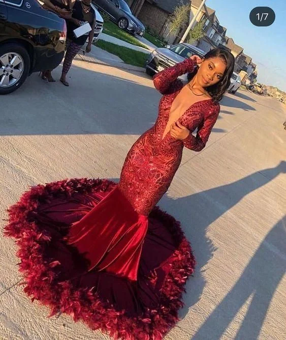 Fashion Sale red prom dresses 2020 sparkly feather mermaid long sleeve deep v neck evening dresses formal dresses  cg7941 Effortless Comfort