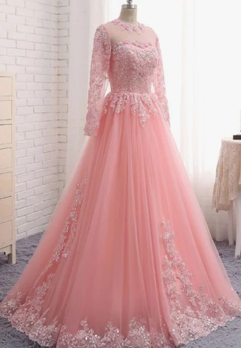 Exclusive Designer Style Deals Charming Long Sleeve Appliques Pink Tulle Prom Dresses, Elegant Evening Formal Dress  cg5407 Alluring Design