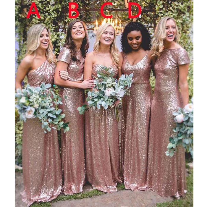 Unleash Your Trendy Side Hot Mismatched Gold Rose Sequined Bridesmaid Dresses Minimalist Chic