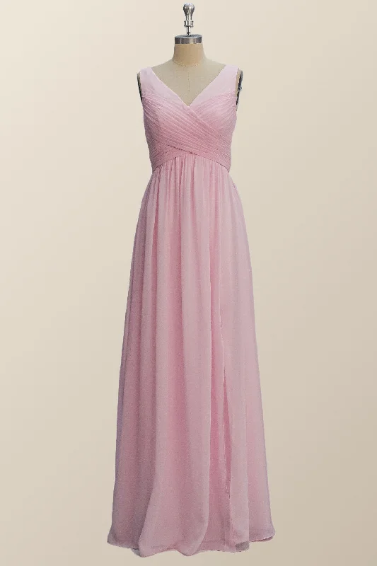 Bold Style Discounts Princess Pink Pleated V Neck Long Bridesmaid Dress Timeless Elegant