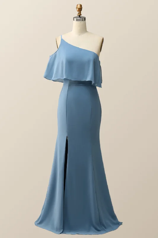 Modish Fashion Discounts One Shoulder Cold Sleeve Misty Blue Mermaid Long Bridesmaid Dress Classic Appeal