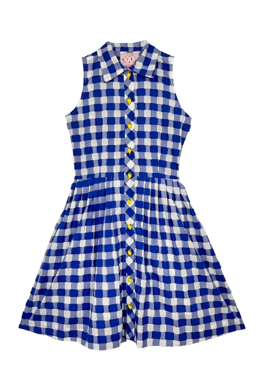 Elevated Casual Discounts Sleeveless Placket Front MINI Shirtdress - Blue Fringed Gingham Save on Classic Elegant Styles