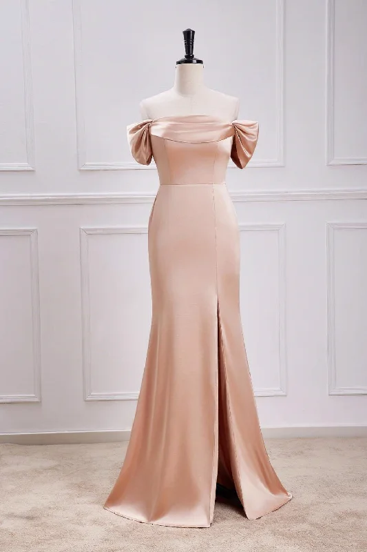 Chic And Trendy Champagne Off-Shoulder Mermaid Satin Long Bridesmaid Dress with Slit Fashion-Forward Style