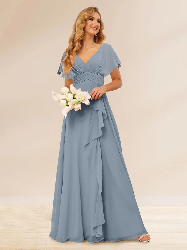 Chic Style, Always In Vogue A-Line/Princess V-Neck Long Bridesmaid Dresses with Ruffles Charming Silhouette