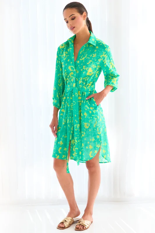 Feminine Luxe Style Sale Natalie Shirt Dress Green Citrus Meadow Print Weekend Special